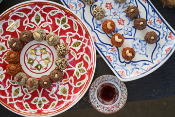 Breakfast table with snacks and dessert food.
