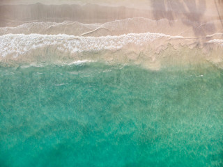 Aerial drone view of the paradise beach with white sand and blue lagoon of the Caribbean Sea at the Saona island, Dominican Republic