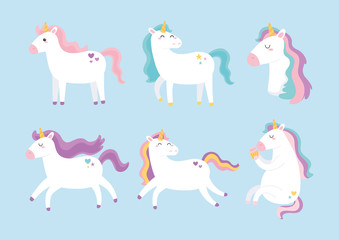cute magical unicorns different color mane animal cartoon