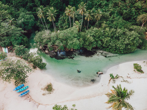 Aerial drone view of fresh water blue lagoon at the Rincon beach, Samana, Dominican Republic 