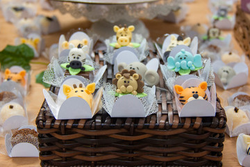 Children's candy in the shape of baby animals. Party or birthday decoration for children.