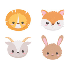 Fototapeta premium cute lion fox goat and rabbit head cartoon animals