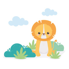 Obraz na płótnie Canvas cute little lion leaves foliage cartoon animals in a natural landscape