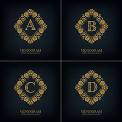 Flourishes Letter emblem A B C D template, Monogram design elements, Calligraphic graceful template, Elegant line art logo, Business sign for Royalty