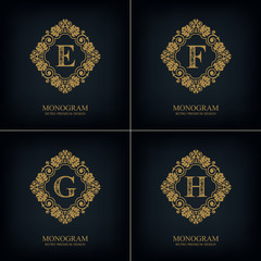 Flourishes Letter emblem E F G H template, Monogram design elements, Calligraphic graceful template, Elegant line art logo, Business sign for Royalty