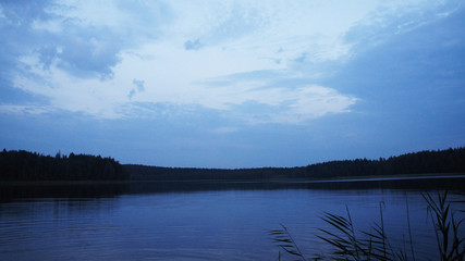 Evening dark forest lake with dark blue sky