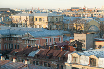 Cityscape of the roofs of saint peretburg on a sunny day with a view of the Kazan Cathedral