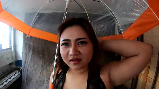Asian plus size sexy , fat and overweight long hair model female in black dresses on brown studio background pose holding umbrella.