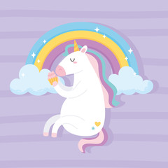 cute magical unicorn sitting with tasty cupcake rainbow clouds animal cartoon