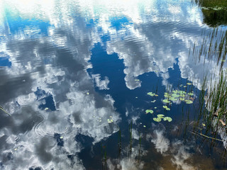 The clouds in the sky reflecting on a calm peaceful lake