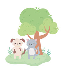 Obraz na płótnie Canvas cute cat dog tree grass cartoon animals in a natural landscape