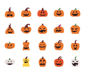 pumpkins cartoons free form style bundle of icons vector design