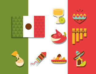 mexican icons set decoration celebration festive national flag flat design