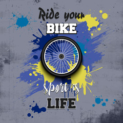 Bicycle wheel icon. Ride your bike. Sport is life. Pattern for design poster, logo, emblem, label, banner, icon. Football template on isolated background. Grunge style. Vector illustration