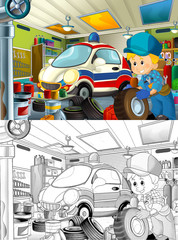 cartoon scene repairman in some garage working repairing car illustration