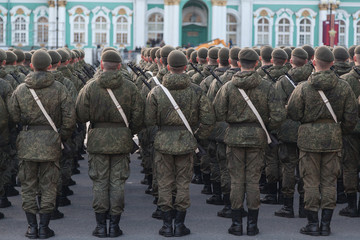 Russian soldiers before the Victory Day parade on Palace Square in St. Petersburg