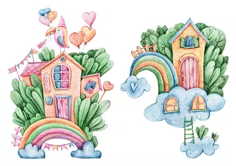 Fotobehang Fantasie huisjes Aquarel fantasie sprookje huis, cartoon magische huisvesting dorp voor gnome of elf geïsoleerd op een witte achtergrond. Leuke magische boomhut met deuren, ramen, meubels in een prachtig bos