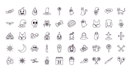 halloween free form line style 50 icon set vector design