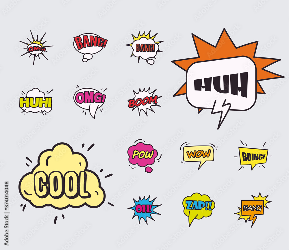 Poster pop art bubbles line and fill style icon set vector design