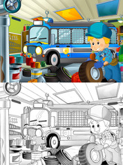 cartoon scene repairman in some garage working repairing car illustration