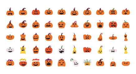 pumpkins cartoons free form style 50 icon set vector design