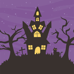 happy halloween, castle cat dry trees trick or treat party celebration