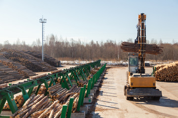 An industrial loader loads logs into a conveyor at a sawmill