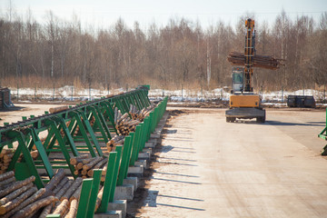 An industrial loader loads logs into a conveyor at a sawmill