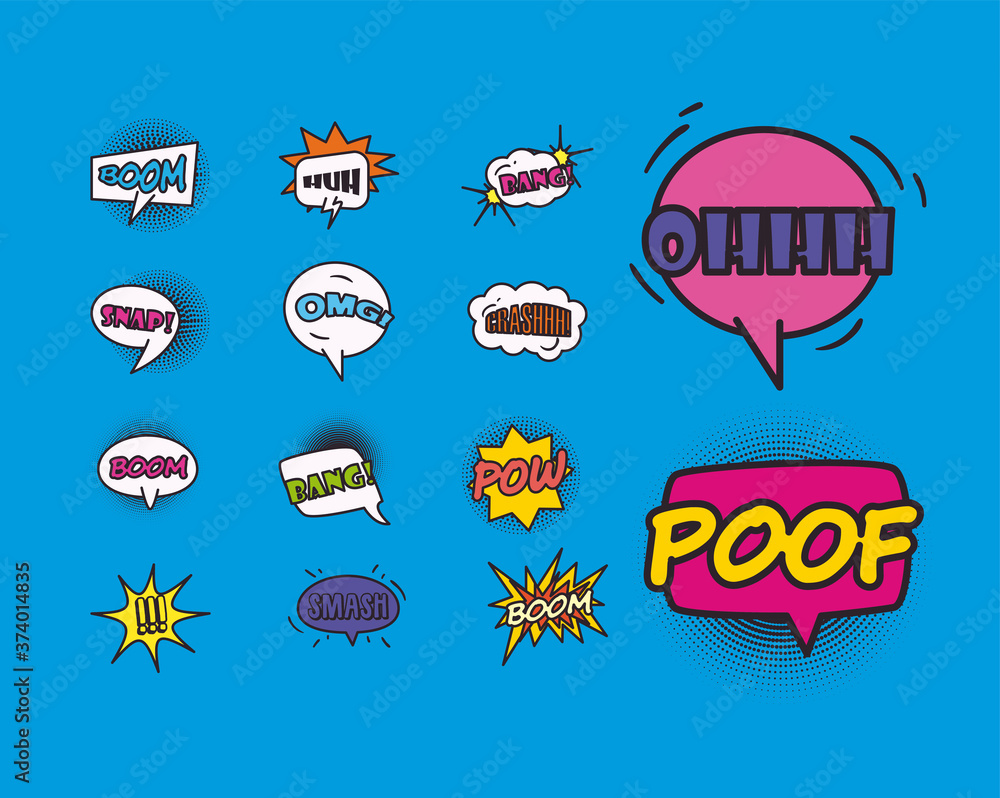 Poster pop art bubbles line and fill style set icons vector design