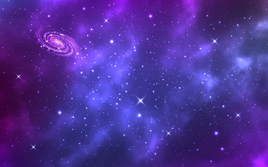 Space background. Realistic starry sky. Color galaxy with milky way and stardust. Cosmos and bright shining stars. Magic purple universe and constellations. Vector illustration