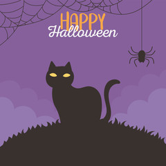 happy halloween, dark cat and spider cobweb night trick or treat party celebration