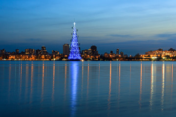 A sunset wit ha blue christmas tree and reflections