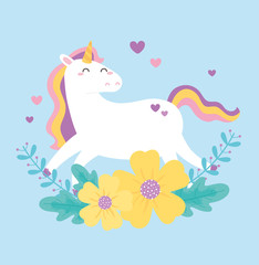 Fototapeta na wymiar cute magical unicorn flowers hearts love animal cartoon
