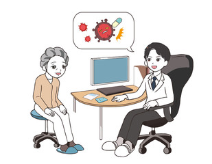 治験の話をする男性医師　年配女性患者