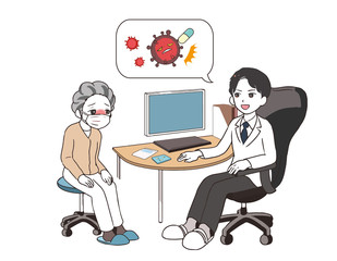 治験の話をする男性医師　発熱した年配女性患者