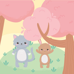 cute little cat and rabbit tree cartoon animals in a natural landscape