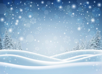 deep snow. Christmas night landscape with moon and fir trees. The radiance of a Christmas star. Winter holiday template.