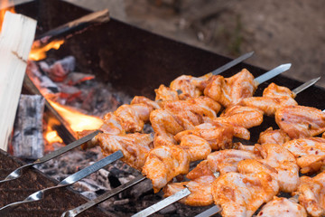 Theme of outdoor dinner. Juicy roasted kebabs on the barbecue. Chicken meat on skewers.
