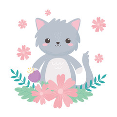 little gray cat with flowers and foliage cartoon animal
