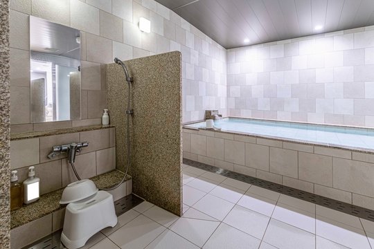 Modern Japanese traditional style public shower room named "Onsen"