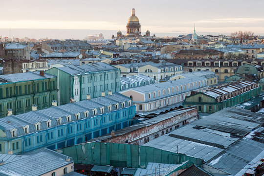 Cityscape of the roofs of saint peretburg on a sunny day with a view of the Kazan Cathedral