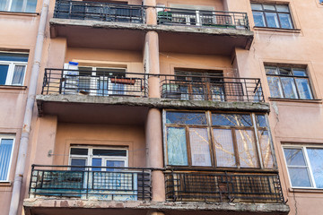 Balcony on facade of vintage soviet apartment house