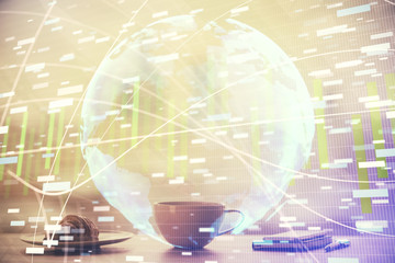 Double exposure of financial theme drawing hologram over coffee cup background in office. Concept of international business.