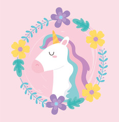 cute magical unicorn wreath of flowers floral decoration animal cartoon