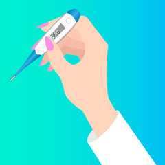 Hand with a thermometer. Realistic thermometer on a blue-green background.You can use it as a design element.Vector illustration.