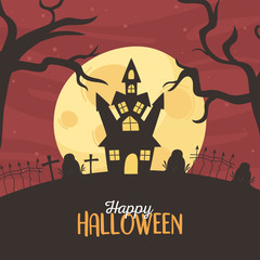 happy halloween, castle cemetery tombstones cross dry trees moon night trick or treat party celebration