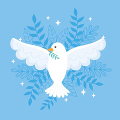 international peace day pigeon with branch leaves blue background