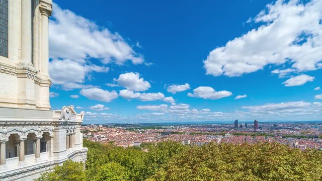 4k timelapse of aerial view to the skyline of Lyon, France.Together with its suburbs Lyon forms the 2nd-largest metropolitan in France.From Basilique Notre Dame de Fourviere to the city view, the mou