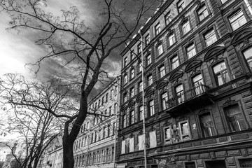 Facade of vintage classical building in Saint Petersburg