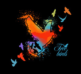 Bird watercolor. Multi-colored flying bird from blots. T-shirt print. Vector illustration